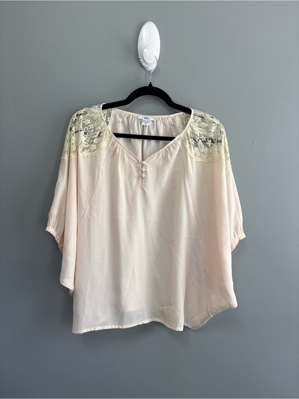 Bar III Women’s Soft Cream Off White Lace-Shoulder Blouse Dolmen Sleeves Size M